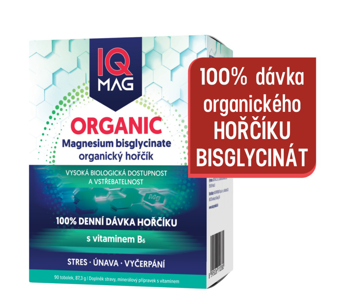 IQ Mag Organic, hořčík bisglycinát s B6, 90 tobolek