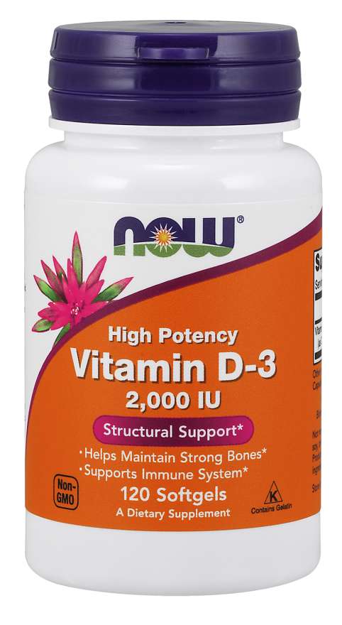 NOW Vitamin D3 2000 IU, 120 softgelových kapslí