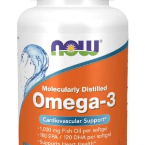 NOW Omega-3, molekulárně destilovaný rybí olej, 100 softgelových kapslí
