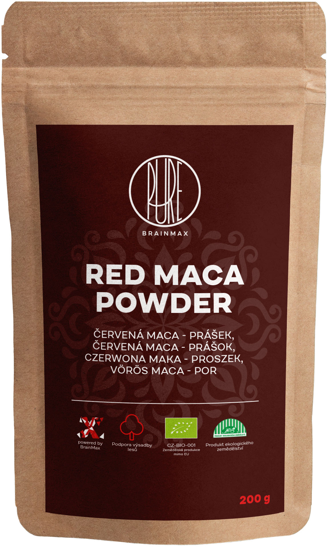 BrainMax Pure Red Maca Powder, maca červená bio, prášek 200 g