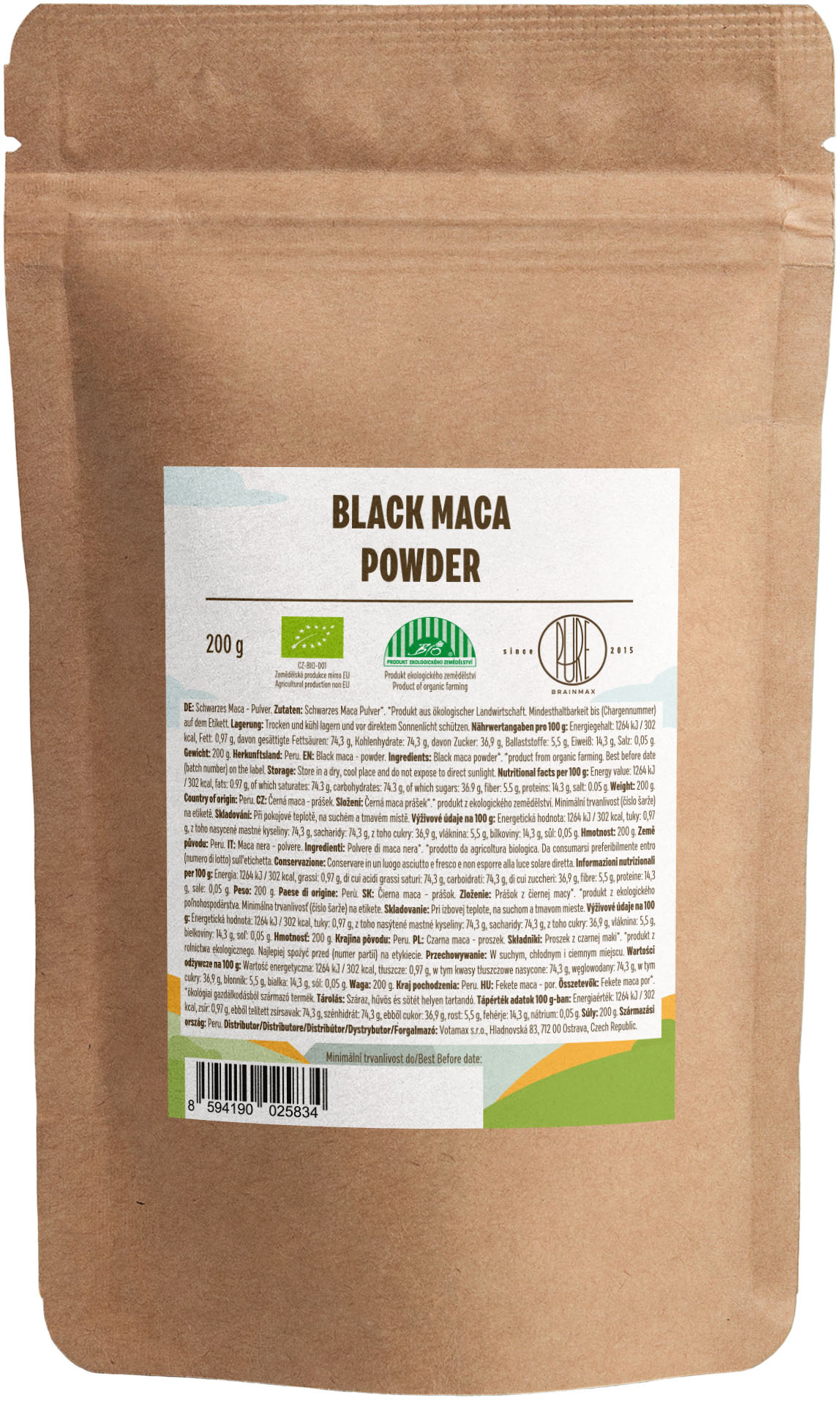 BrainMax Pure Black Maca Powder, maca černá bio, prášek 200 g