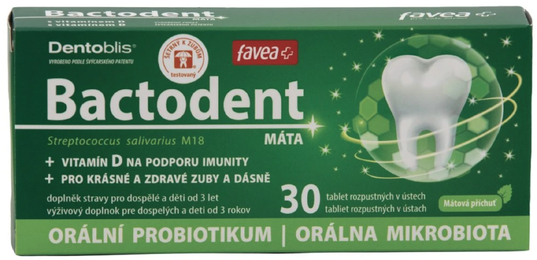 Favea Bactodent, orální probiotika s kmenem M18, máta, 30 tablet