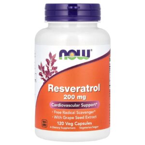 NOW Foods Resveratrol, 200 mg, 120 rostlinných kapslí