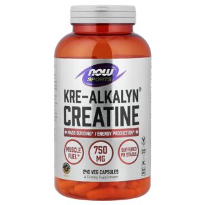 Now Foods Kre-Alkalyn Creatine, pufrovaný kreatin monohydrát, 240 rostlinných kapslí