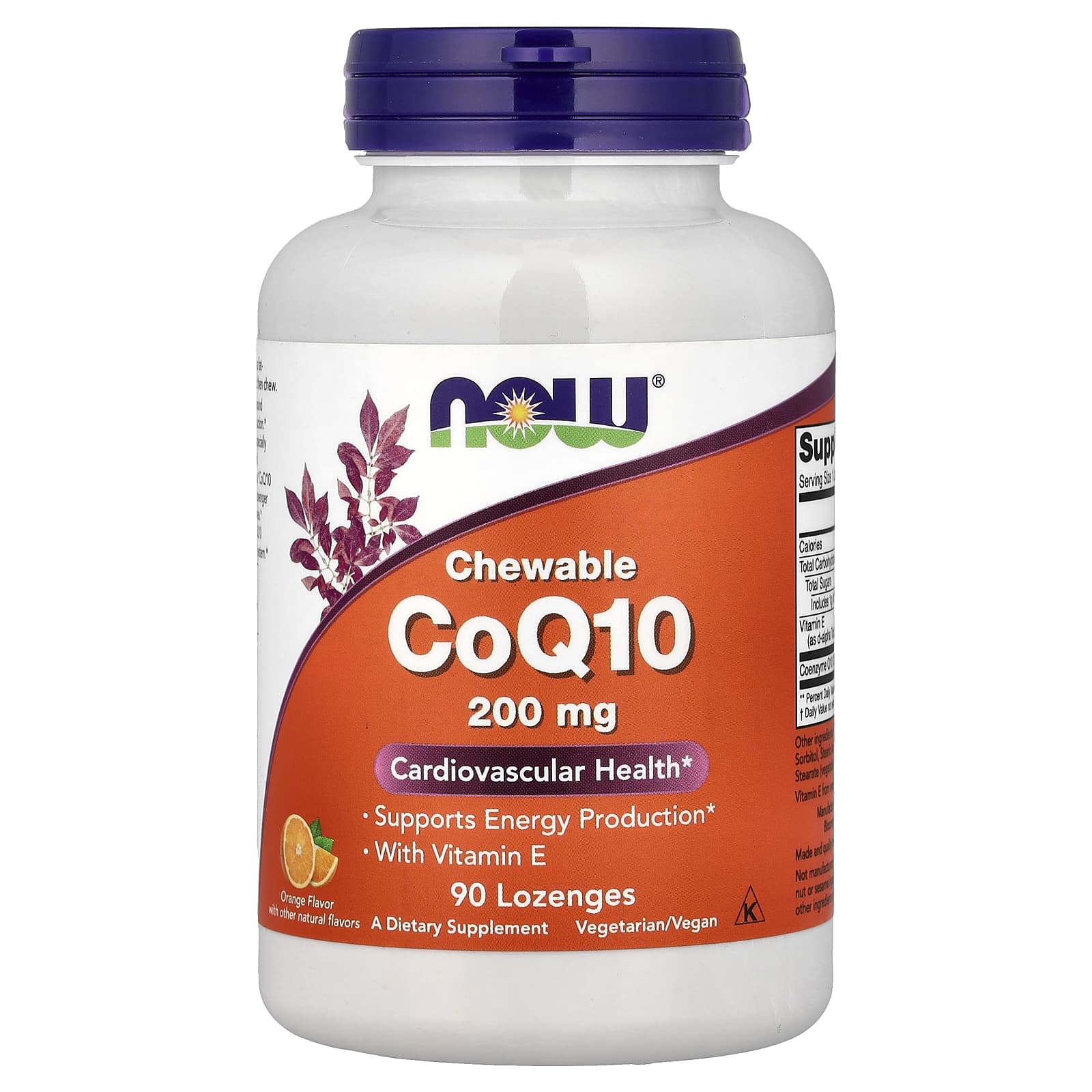NOW Foods CoQ10 s vitaminem E, ubichinon 200 mg, pomeranč, 90 žvýkacích pastilek