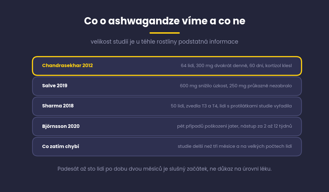 Přehled studií o ashwagandze s počty účastníků a hlavními zjištěními