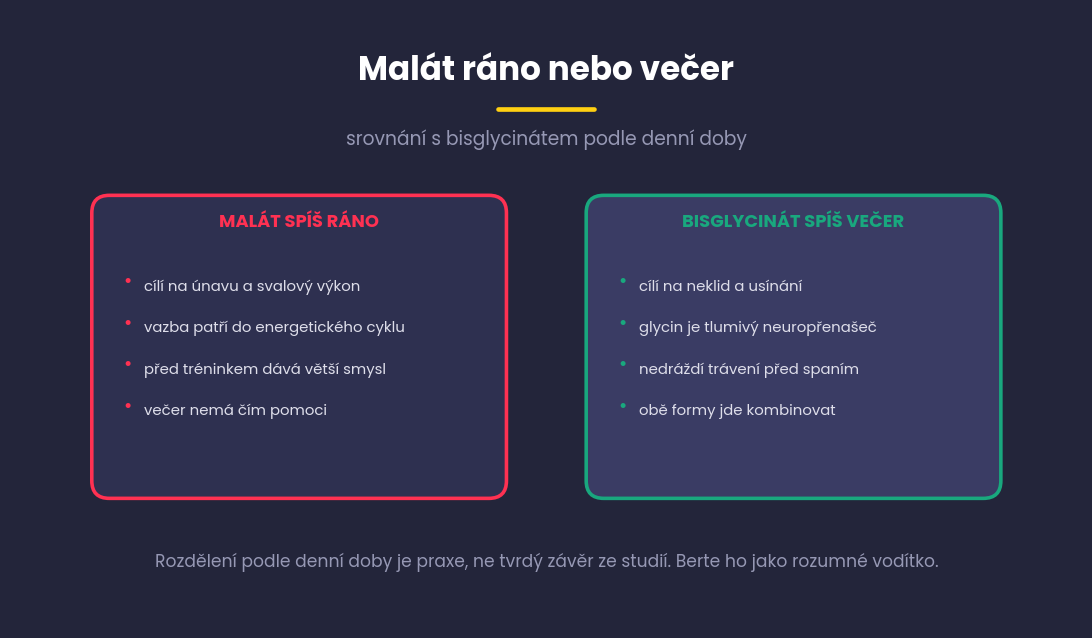 Srovnání malátu a bisglycinátu podle denní doby, malát spíš ráno na únavu, bisglycinát spíš večer na neklid