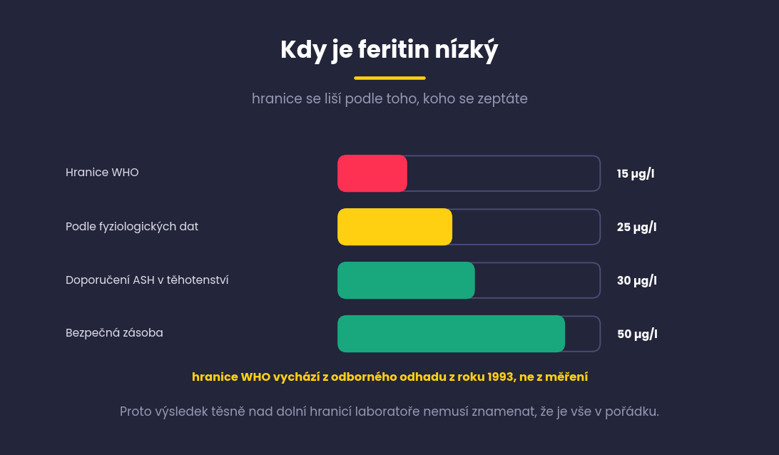 Srovnání hranic feritinu, WHO 15, fyziologická data 25, ASH v těhotenství 30 a bezpečná zásoba 50 mikrogramů na litr