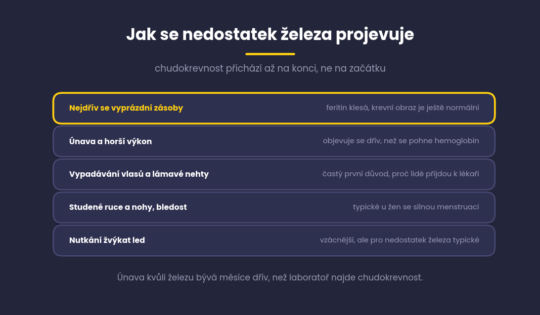 Postup nedostatku železa od vyčerpání zásob přes únavu až po chudokrevnost
